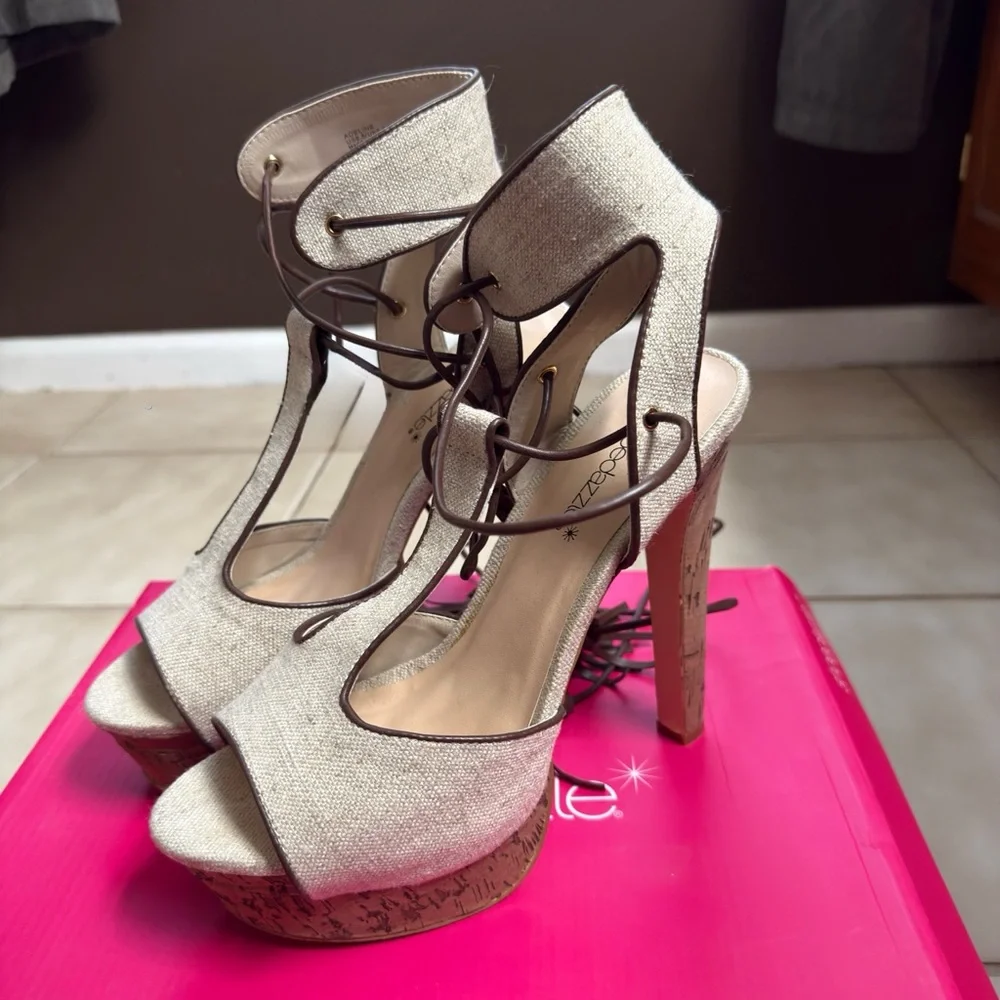 Lace-Up Cork Platform Heels in Beige